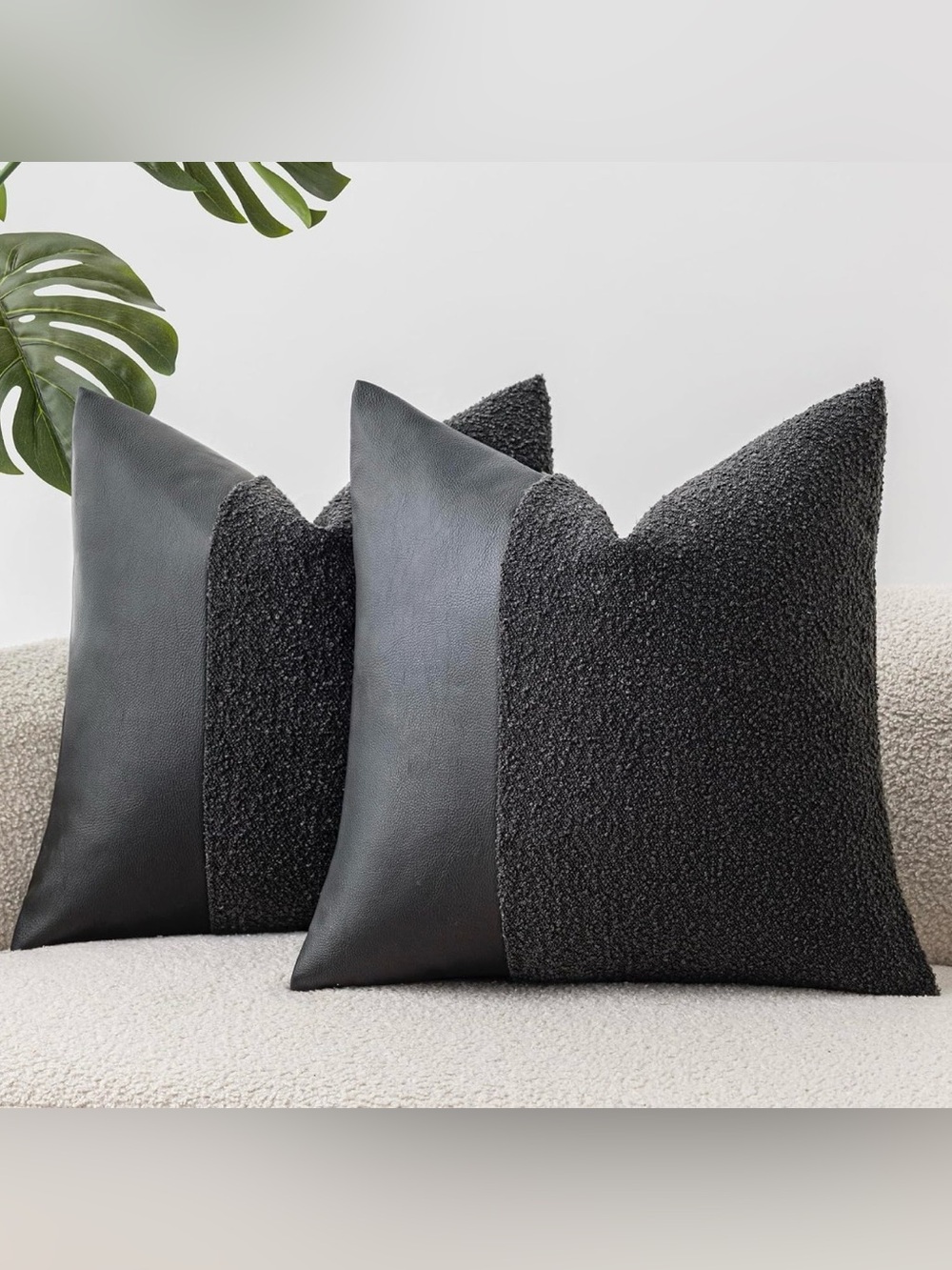 2 Black Bouclé and Faux Leather Throw Pillow Covers